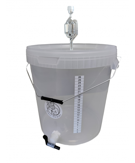 Graduotas skaidrus fermentacijos indas su kraneliu, alsuokliu bei metaline rankena, 33l.